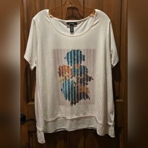 Style & Co's White Graphic Short Sleeve Top With Sheer Trim At Bottom